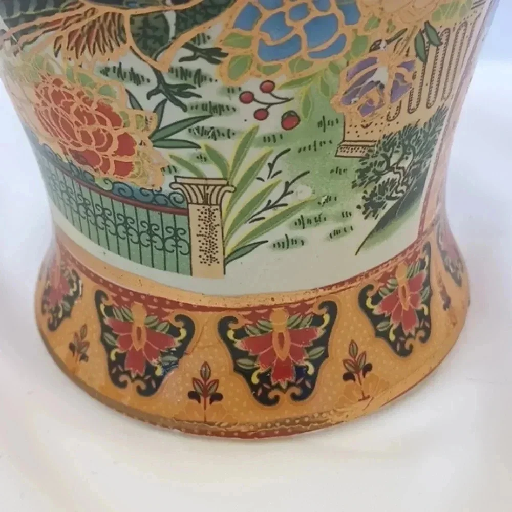 Vintage Hand-painted Asian Oriental Vase with Birds Flowers and Gold Accents
